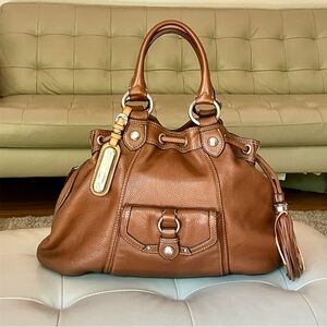 B. Makowsky Brown Leather Satchel with Silver Hardware
